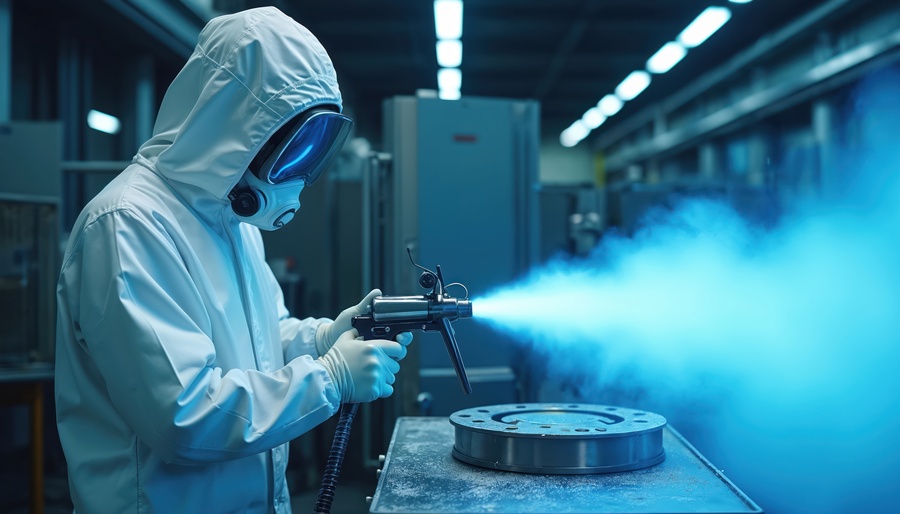Worker in protective suit applies blue powder coat with spray gun onto metal