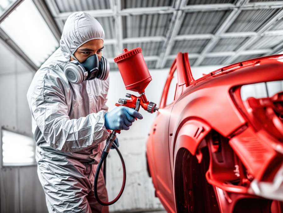 painter applying red paint with spray gun in workshop