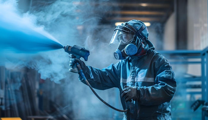 worker in protective gear painting on door